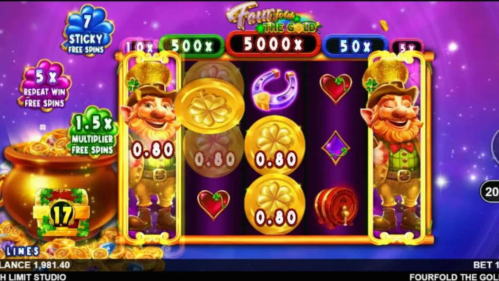 Fourfold the Gold slot game interface with cosmic and Irish elements