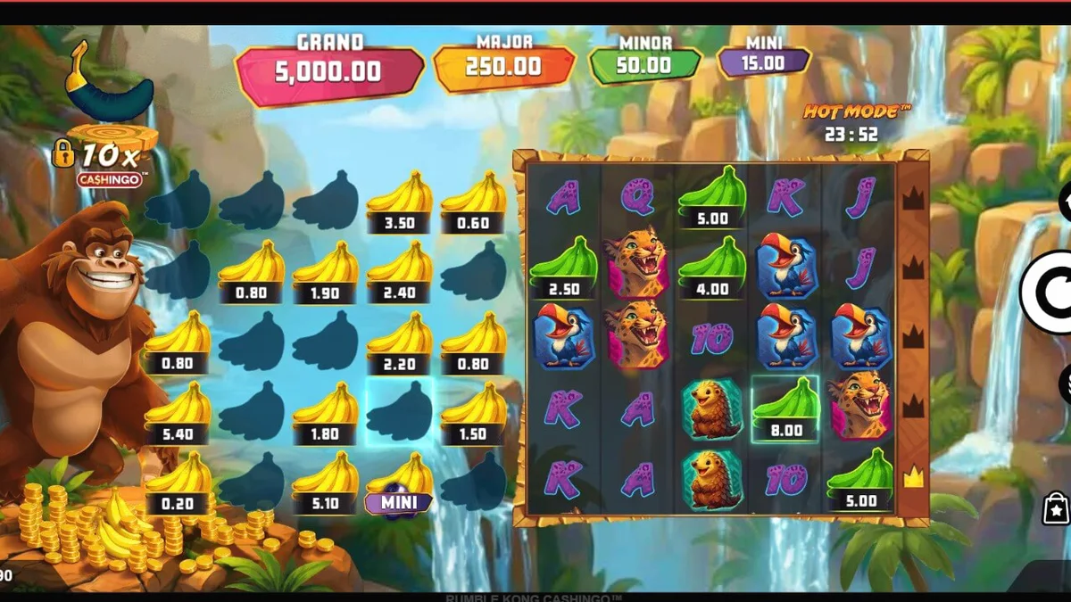 Rumble Kong Cashingo اسلاٹ مشین کا نیون سٹی اسکیپ اور گوریلا تھیم